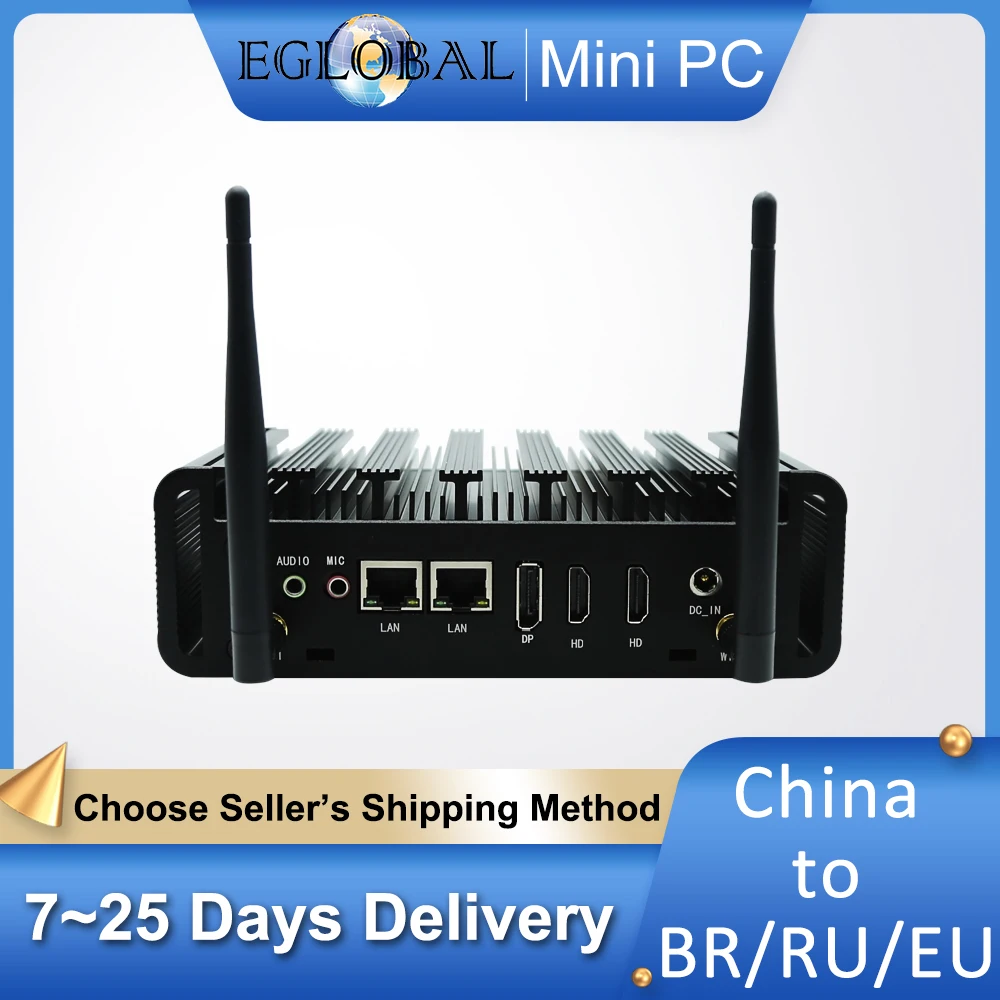 Eglobal Industrial Fanless Mini PC 8th Intel Core i3 8265U  i3-10110U  i5-10210U i7-10610U Desktop  3 Display 2 DDR4 RAM WIFI BT