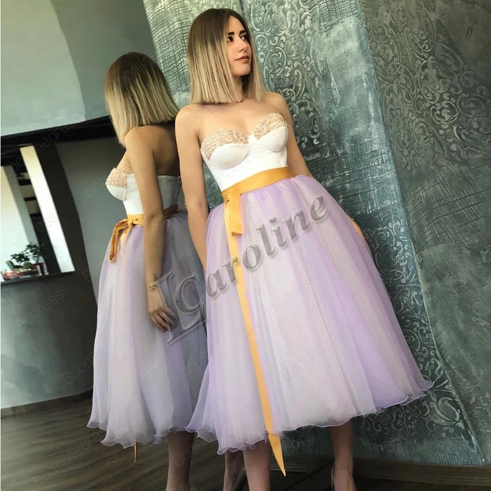 

Caroline Light Purple Pearls Evening Dress Tulle Champagne Belt Sleeveless A-line Prom Gowns Party Make To Order Abendkleider