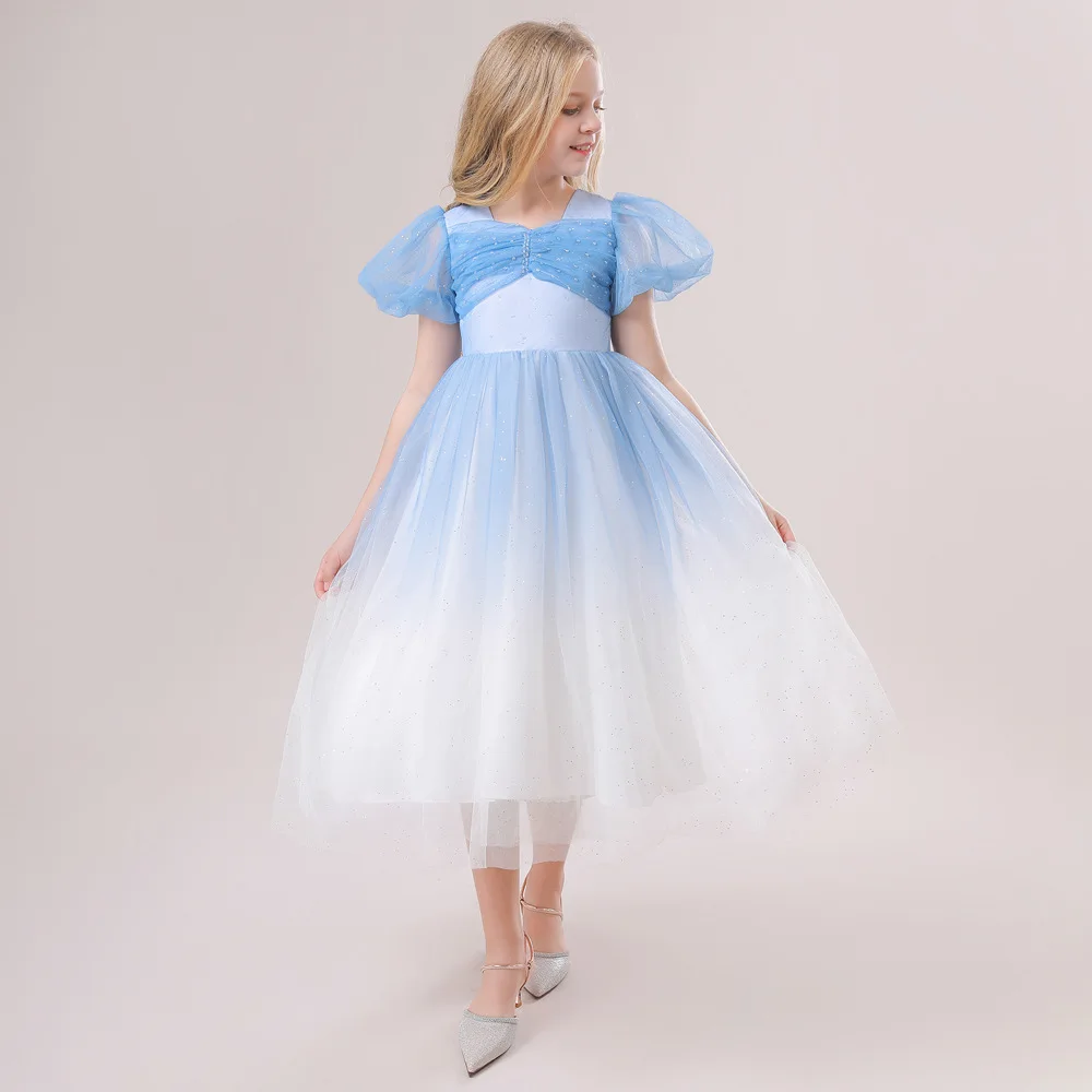 Hot Sale Flower Girl'S Long Dress Gradually Changing Pomfret Yarn With Bubble Sleeves Birthday Skirt Вечерние Платья YT074