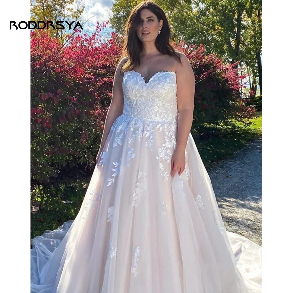 

RODDRSYA Sweetheart Sleeveless Large Wedding Dress 2023 Luxury Lace Applique Backless Sweep Train A-Line For Female Bride Gown