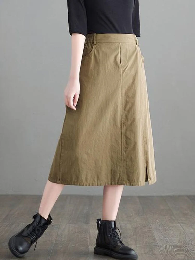 

Fashion Summer Solid Color Simple Mid-calf Skirt Literary Retro All-match Elastic High Waist Washed Split Skirt Casual Bottoms