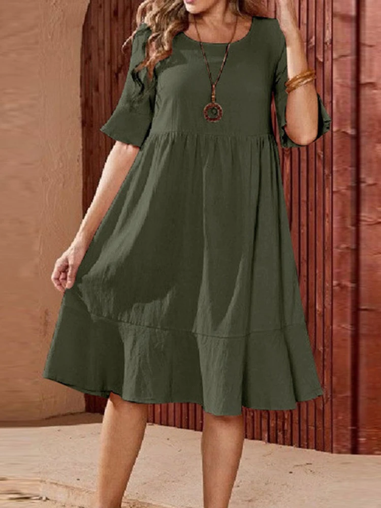 Midi Dresses For Women 2022 Plus Size Clothing Solid Round Neck Short Sleeve Loose Casual Pleated  Swing Dress 3x 4x 5x