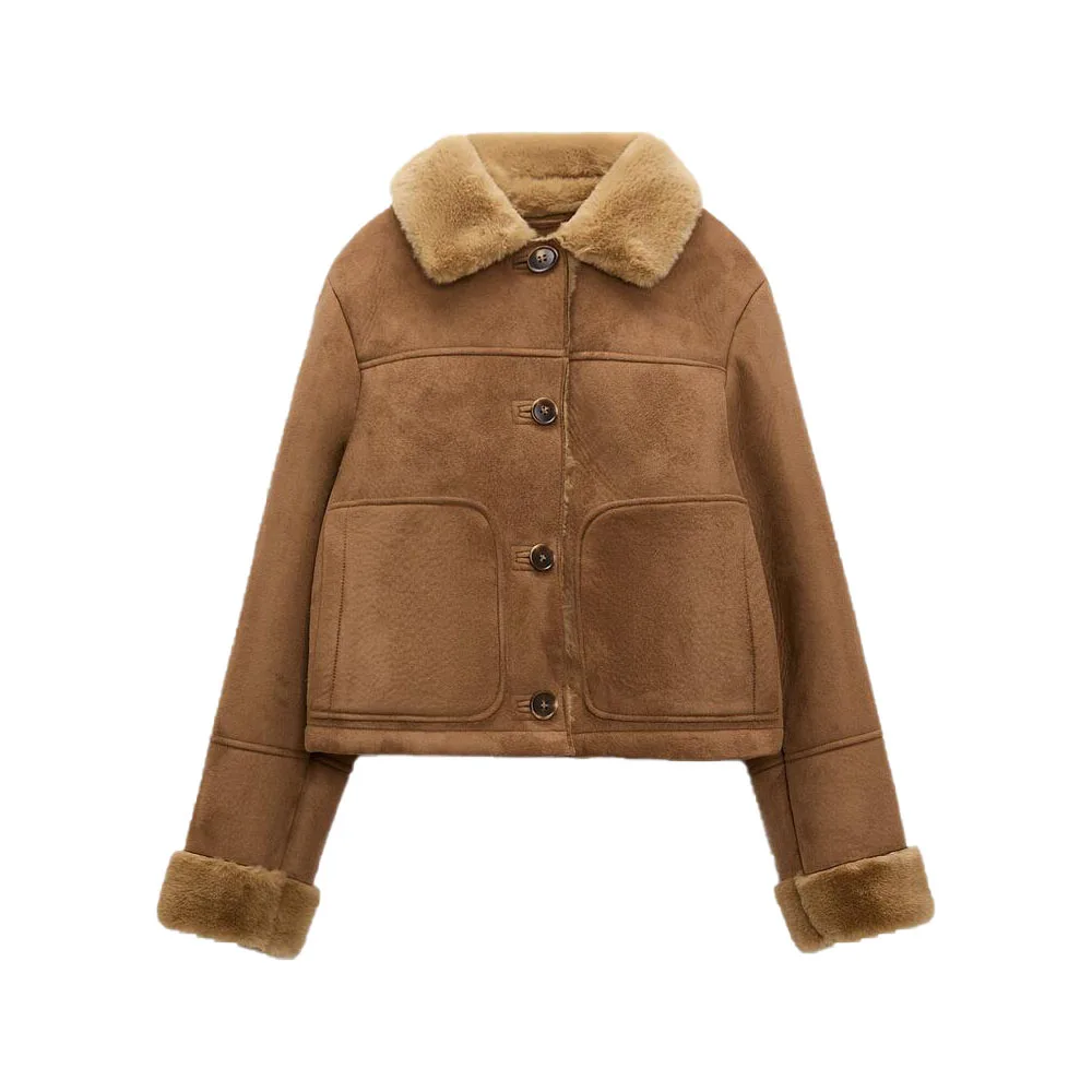 

Zach AiIsa fall and winter new women's fashion retro suede texture effect loose pocket reversible short jacket jacket
