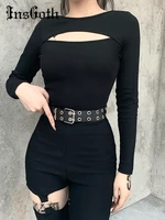 insgoth streetwear long sleeve black basic tops gothic sexy hollow out skinny tops punk high street chic tops women autumn 2022