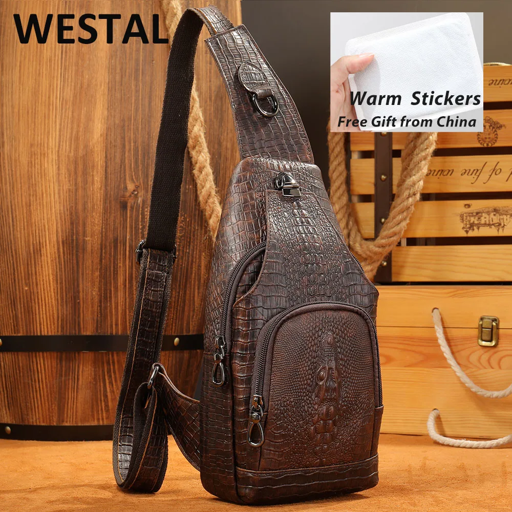 WESTAL Genuine Leather Sling Bag Anti-Thief Crossbody Personal Pocket Bag Chest Shoulder Bag for Travel Hiking Croco Design Bags