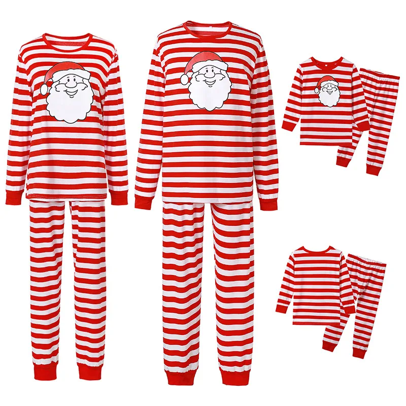 

2023 Wholesale Autumn And Winter New Home Clothes Striped Parent-Child Suit Santa Claus Print Adult Kids 2PCS Cotton Pajamas
