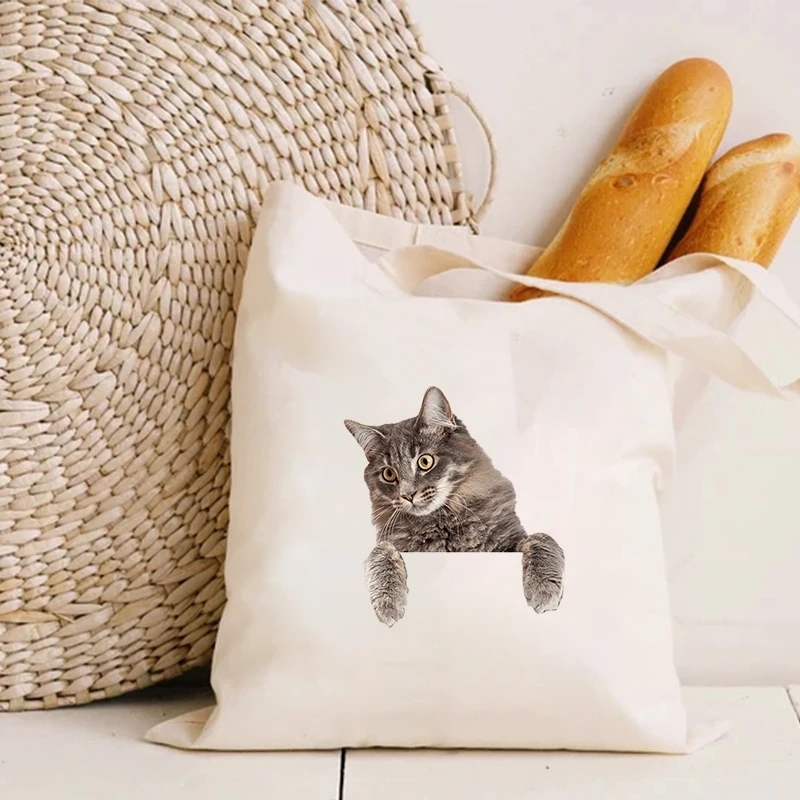 

Сумка-шоппер на плечо для девочек, складная многоразовая Повседневная хлопковая Студенческая портативная Сумочка с принтом кошки