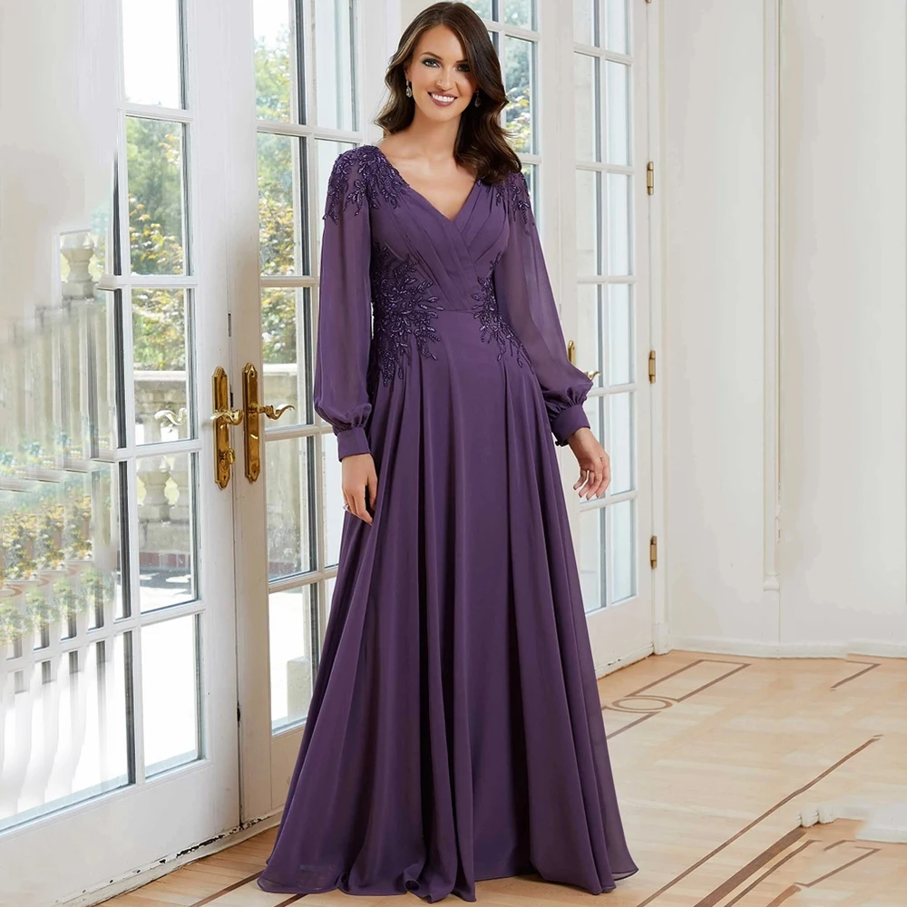 

Elegant Chiffon V-Neck Long Sleeve Evening Dress Applique and Pleat A-Line Women Banquet Party Gowns Floor Length for Wedding