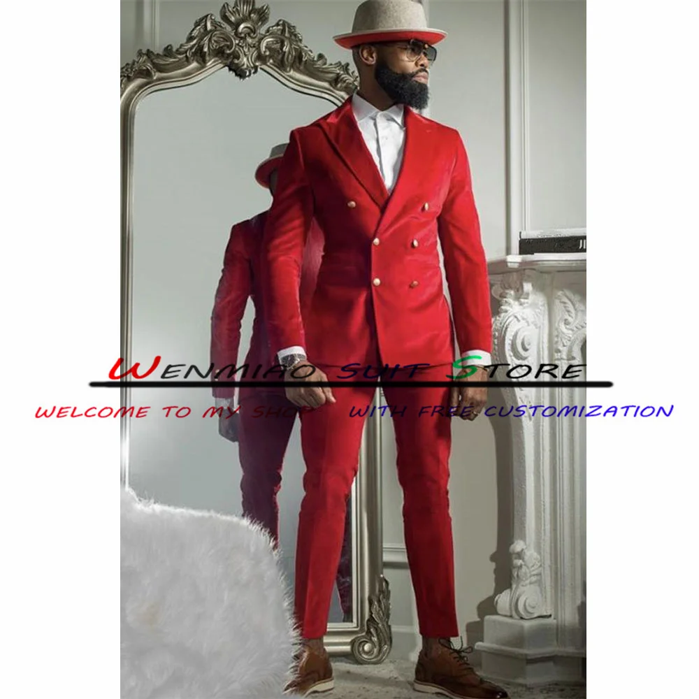 Double Breasted Men's Wedding Groom Tuxedo Red Fashion Business Blazer Pants Set 2 Piece Male Formal Jacket