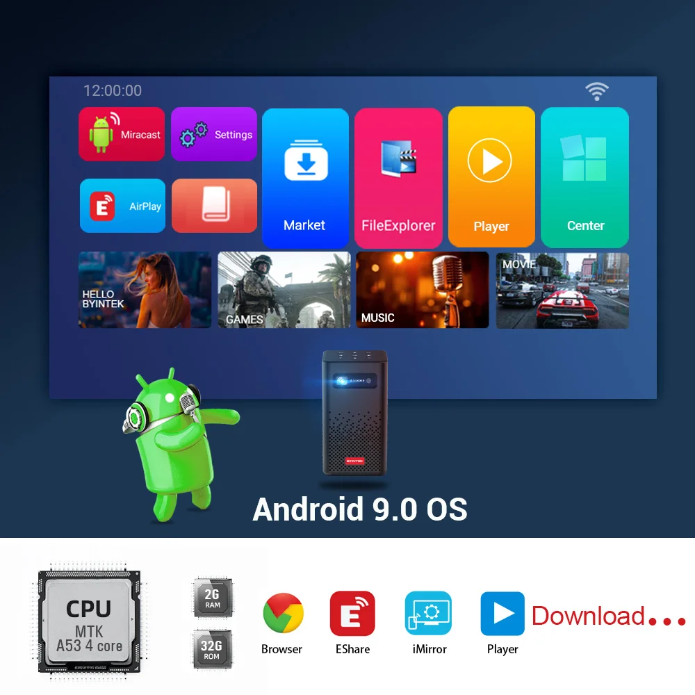 Проектор BYINTEK P20 для домашнего кинотеатра 200 дюйма Wifi Android 1080P |