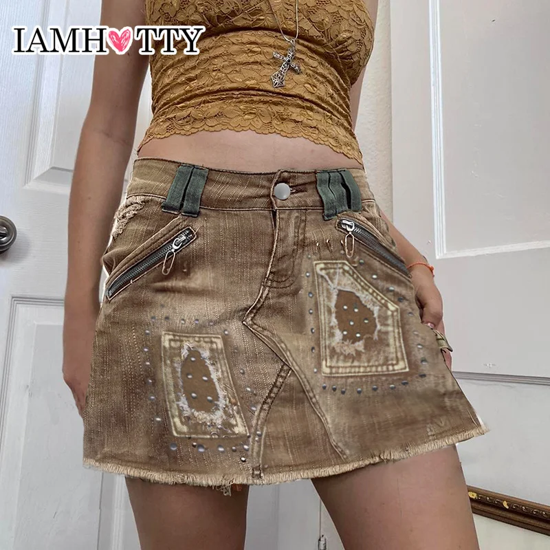 

Джинсовая юбка-карго IAMHOTTY в винтажном стиле с заклепками, рваная джинсовая юбка с завышенной талией, тонкая Повседневная Базовая мини-юбка, ...