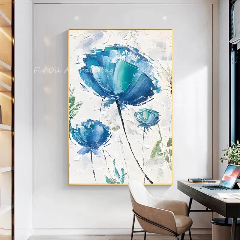 

100% Handmade blue flower large size grey canvas thick Oil Painting Porch Aisle For Living Room Artwork as a gift unframe