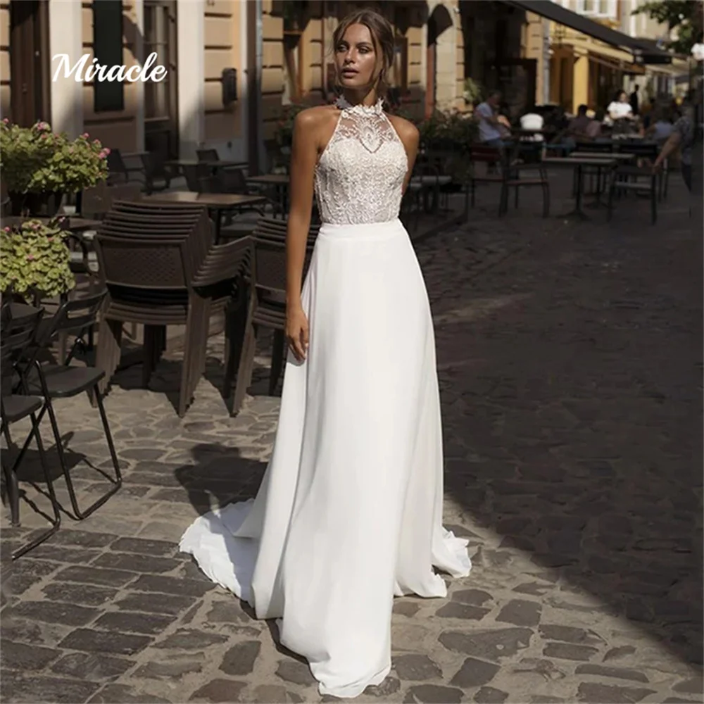

Classic A-Line Wedding Dresses For Women Sexy O-Neck Cut-Out Bride Robe Sleeveless Bridal Gown Appliques Lace Vestidos De Novia