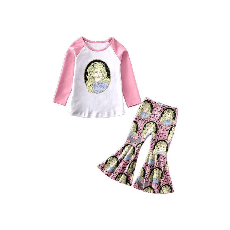 

Wholesale dolly outfits catroon pattern long sleeve music bell pants girls sets