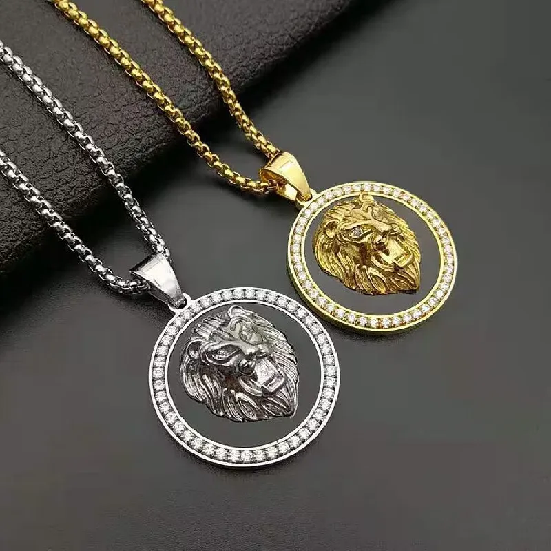 

Hip Hop Charm Iced Out Bling Golden Lion Head Pendants Necklaces Male Gold Color Stainless Steel Chain Rock Jewelry Gift For Men