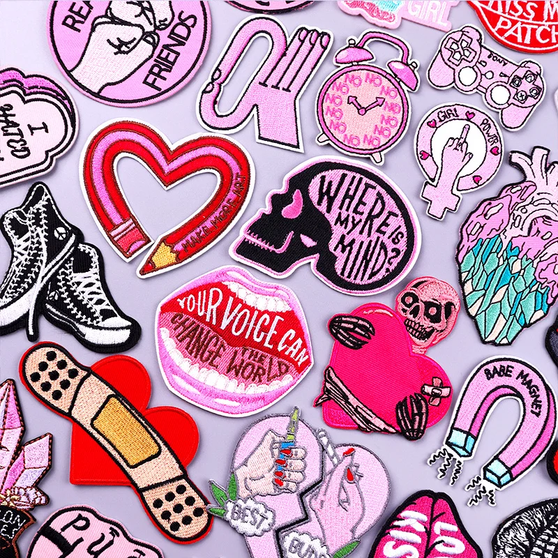

Pink Patch Iron On Patches For Clothing Thermoadhesive Patches Skull Embroidered Patches On Clothes Stcker Badges Hook Loop DIY