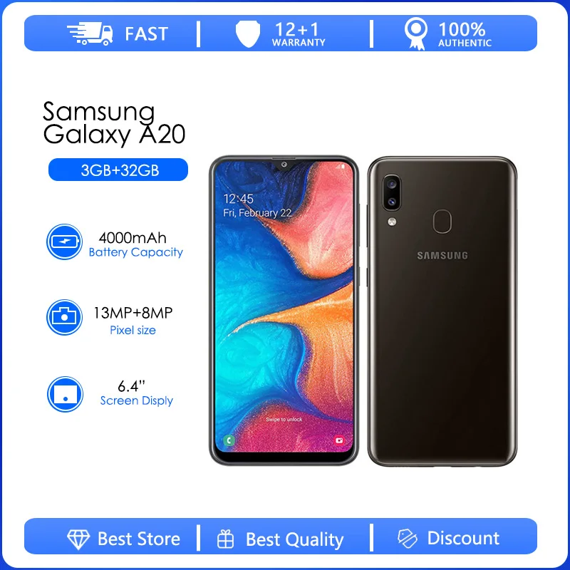 

Оригинальный разблокированный смартфон Samsung Galaxy A20 A205U A205F, 4000 мАч, две SIM-карты, Android, 6,2 МП, светодиодная подсветка, дюйма, 2 ГБ, 32 ГБ, сканер отпечатка пальца