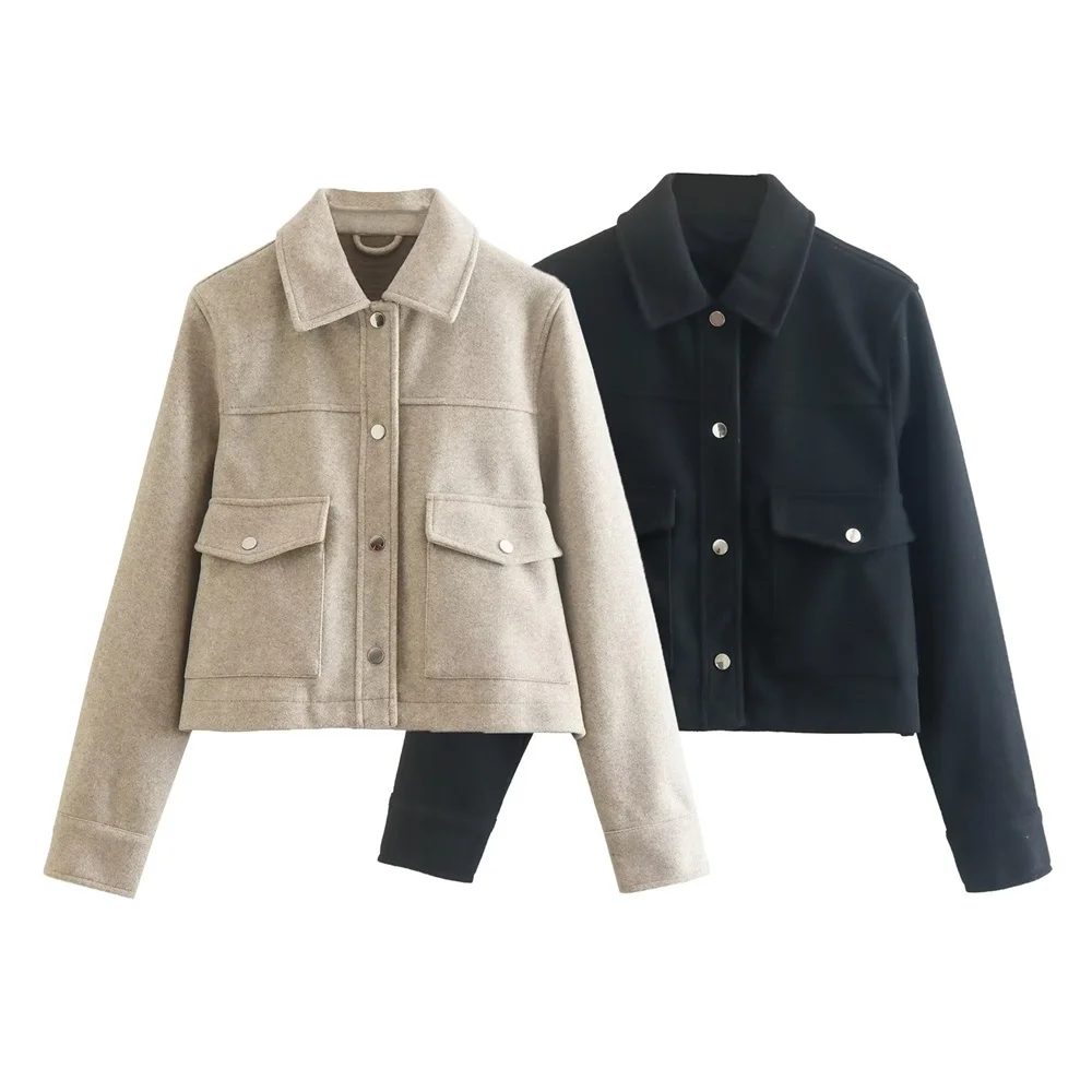 

PB&ZA 2022 Autumn New Women's Solid Color Commuter All-match Lapel Metal Button Short Long-sleeved Jacket 3046270