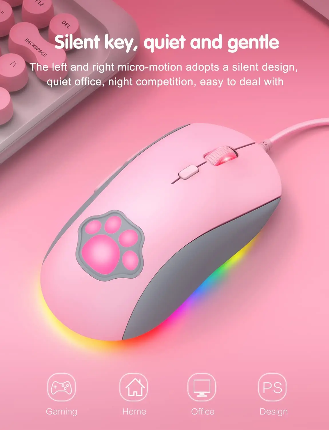 Cat Paw RGB Gaming Mouse Silent Optical Computer Mice USB Wired DPI 7200 6 Programmable Buttons for Windows/Vista/Linux |
