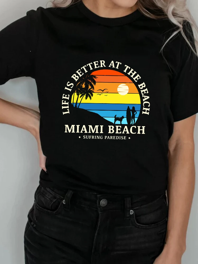 

Life Is Better At The Beach Women's T-shirt Sunset Beach Graphic Print Round Neck Summer Harajuku T-Shirt Female Casual Tops Tee