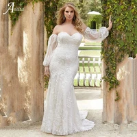 plus size long sleeves mermaid wedding dresses beach lace embroidery vestidos de novia grace sweetheart bridal robes