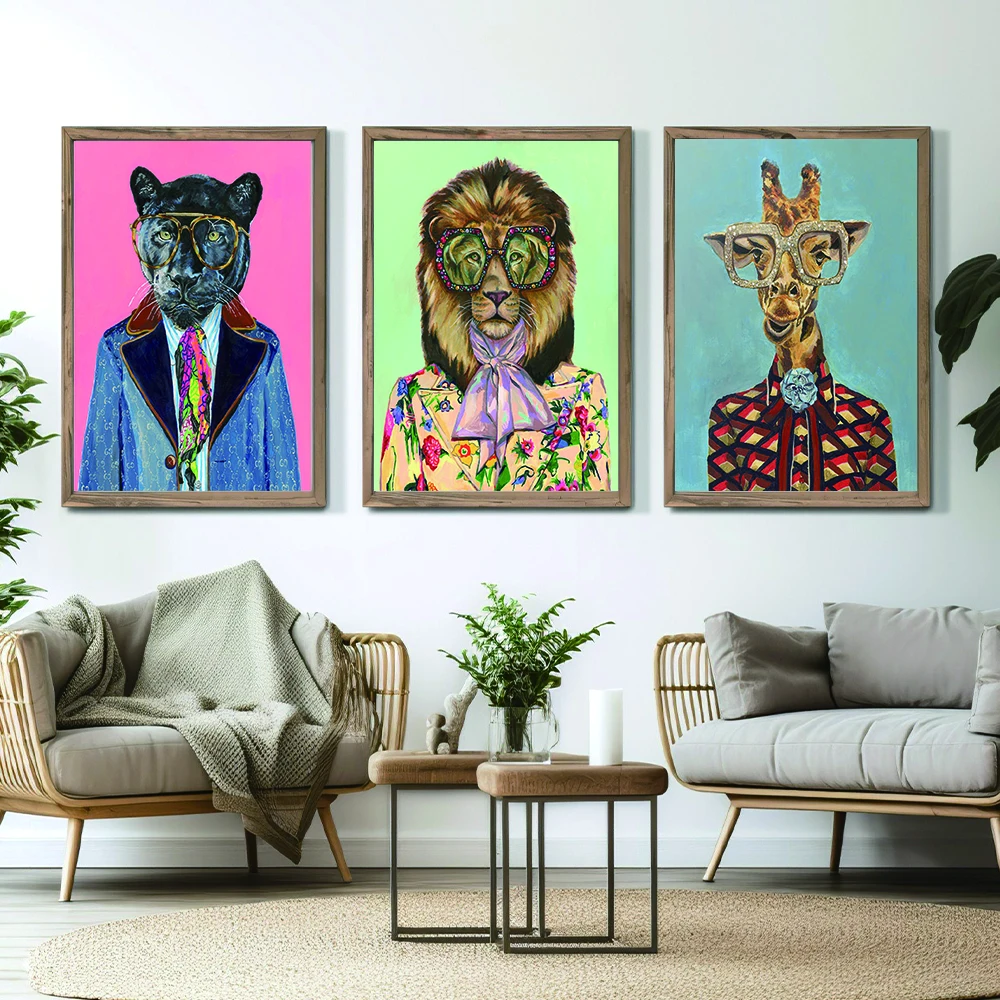 

Modern Animal Head Human Body Painting Poster Colourful Wall Art Leopard Tiger Lion Cow Giraffe Room Decor Fashion Beast Picture