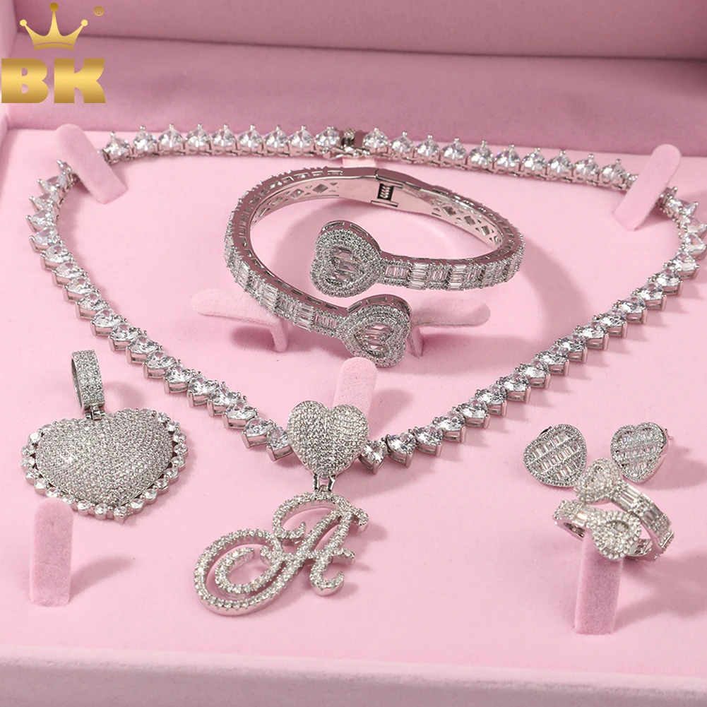 THE BLING KING Heart Jewelry Set Iced Out Cubic Zirconia Heart Baguettecz Bangele Ring Earring Pendant Jewelry Set For Women