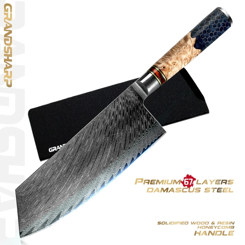 Кухонный нож Grandsharp из дамасской стали, шеф-повар из японской дамасской стали, резак для мяса, овощей