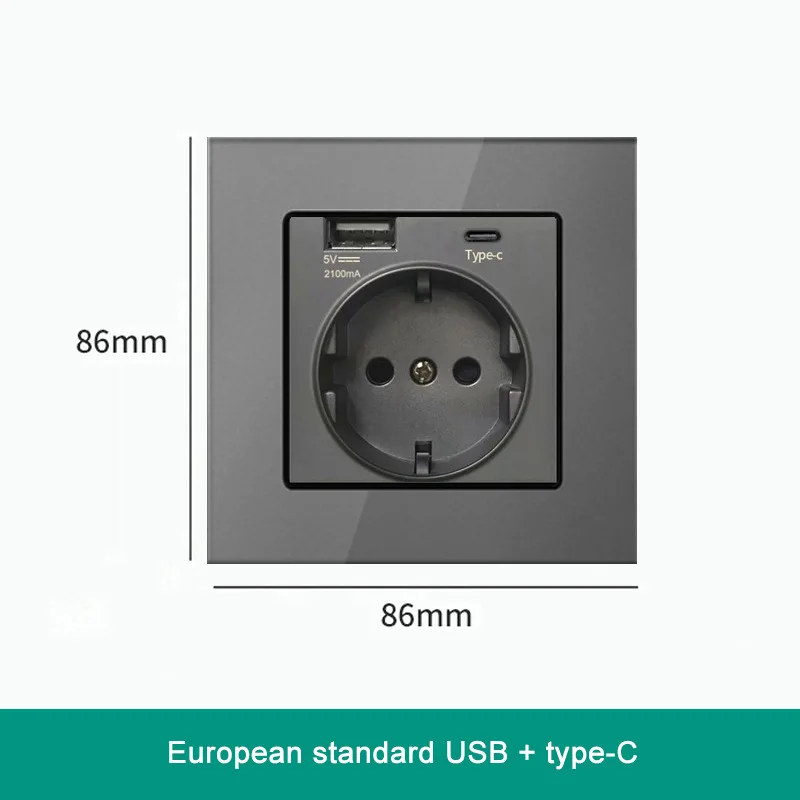 

EU Standard 86 wall socket with USB socket Type-C mobile phone charging panel grey European German power supply