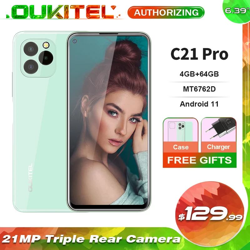 OUKITEL C21 Pro 4GB+64GB 4G Android 11 Smartphone 6.39'' HD Screen 21MP Rear Camera 4000mAh MT6762D Octa Core Mobile Phone