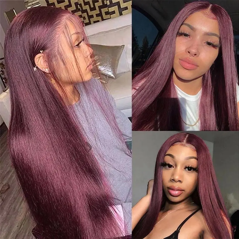 Bone Straight Human Hair Wigs HD Transparent 13X4 Lace Front Human Hair Wigs 99J Red Burgundy 180% Deep Curly Human Hair Wig