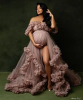 dusty pink split maternity dress for photography ruffled off the shoulder maternity robe photo shoot dresses women baby shower