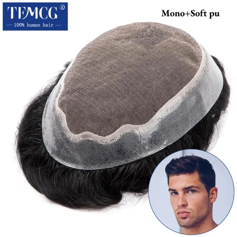 Male Hair Prosthesis Toupee Men Mono& soft Pu Breathable Men Wigs 6
