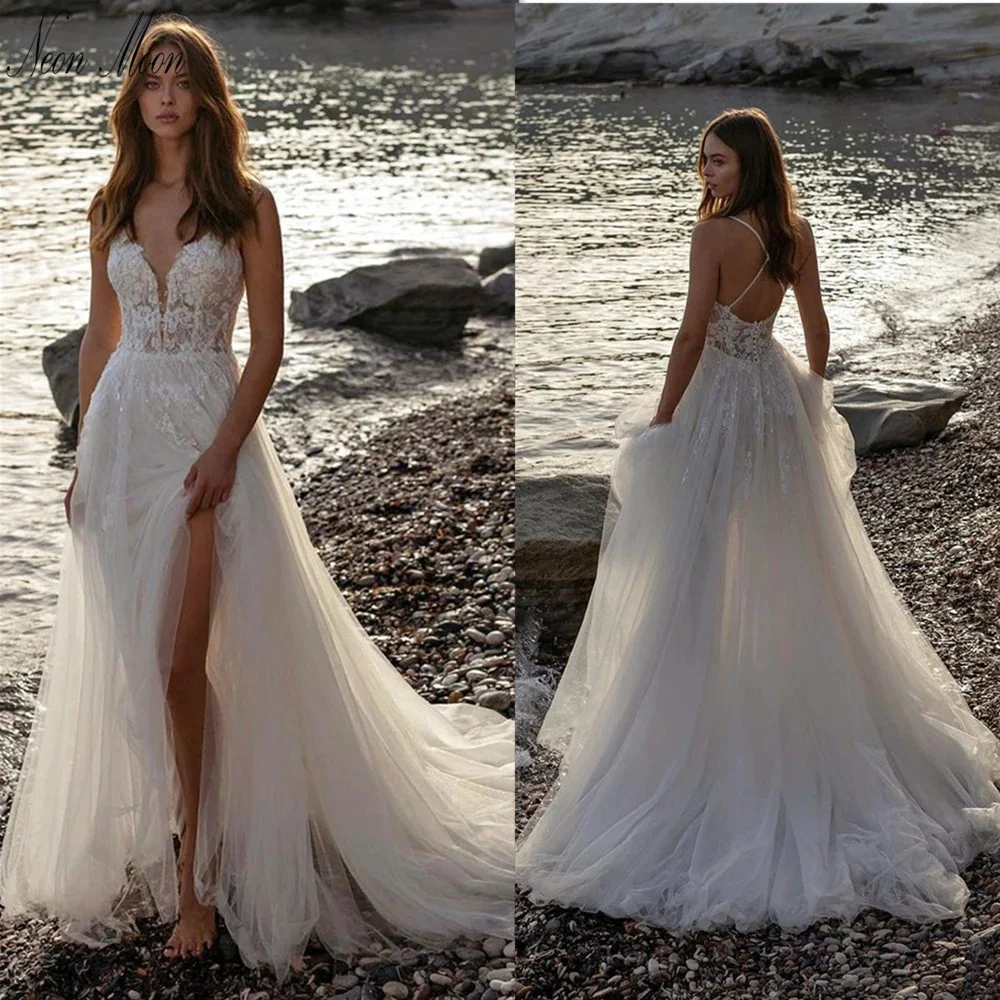 

Intriguing V Neck Bridal Gown Spaghetti Straps A-Line Wedding Dress Lace Appliques Backless Boho Criss Cross Vestidos De Novia