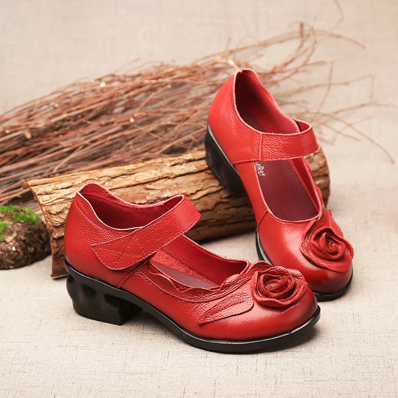 Summer Vintage Cowhide Leather Sandals Women High Quality Mary Jane Shoes Low Heels Sandal With Flower Woman Shoes Free Shipping