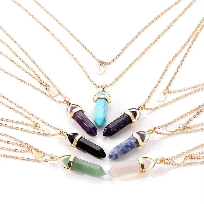 

European American Popular Colorful Hexagonal Column Glass Natural Stone Pendant 2 Layer Necklace Fashion Ladies Crescent Jewelry