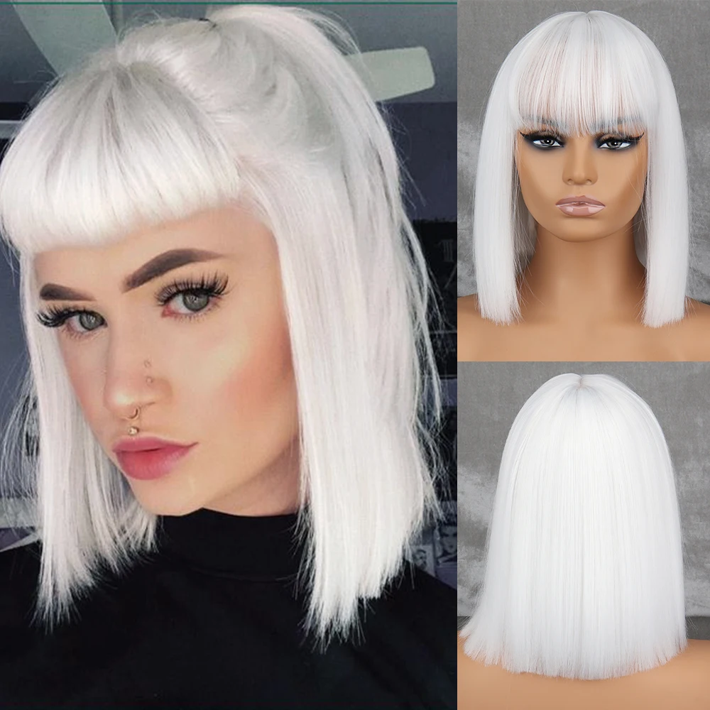 WERD Short White Grey Wig For Woman With Bangs Ladies Anime High Temperature Fiber Synthetic Cosplay Woman Wig