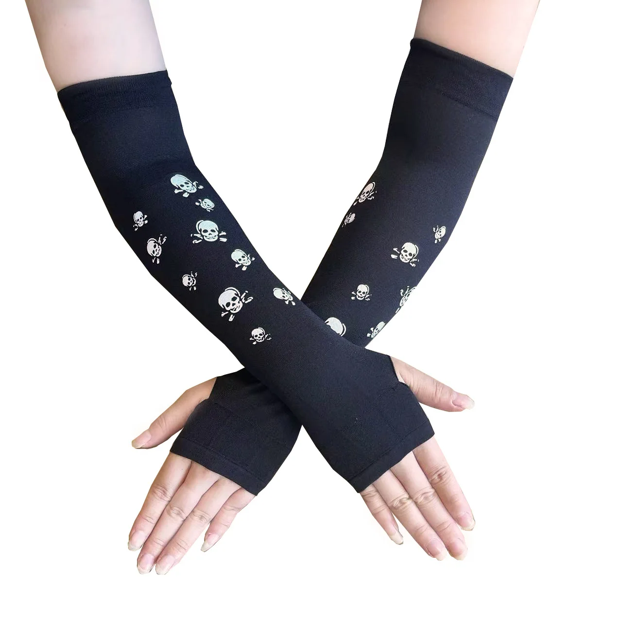 

Halloween Costume Women Gloves Black Skeleton Skull Printed Elastic Soft Long Fingerless Mittens Sexy Punk Party Accessories