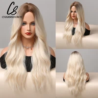 ombre brown to blonde platinum wig long natural wavy hair for women middle part synthetic wigs daily party heat resistant fibre
