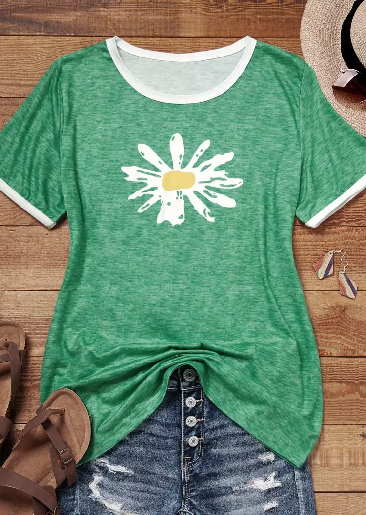 

Women Cute Daisy Graphic Tee Short Sleeve T-Shirt Casual Contast Color Patchwork T Shirt Summer Flower Inspirational Shirt Tops