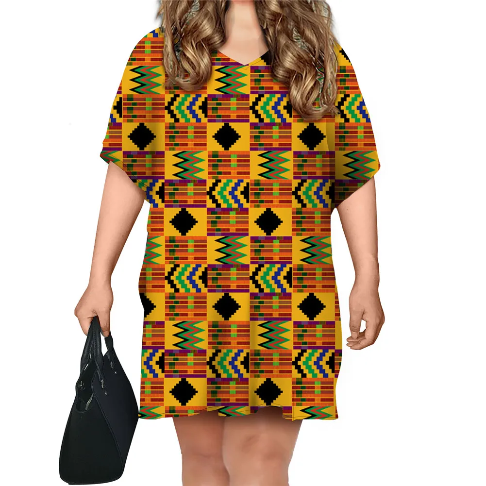 

FORUDESIGNS Traditional Tribal Print Dolman Sleeve Teen Girls Dress African Styles Breathable V-Neck Dresses Oversize Midi