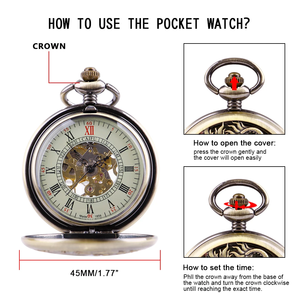 Vintage Chinese Style Mechanical Pocket Watch Dragon and Phoenix Chengxiang Pattern Hollow Pendant Men's Women's Necklace