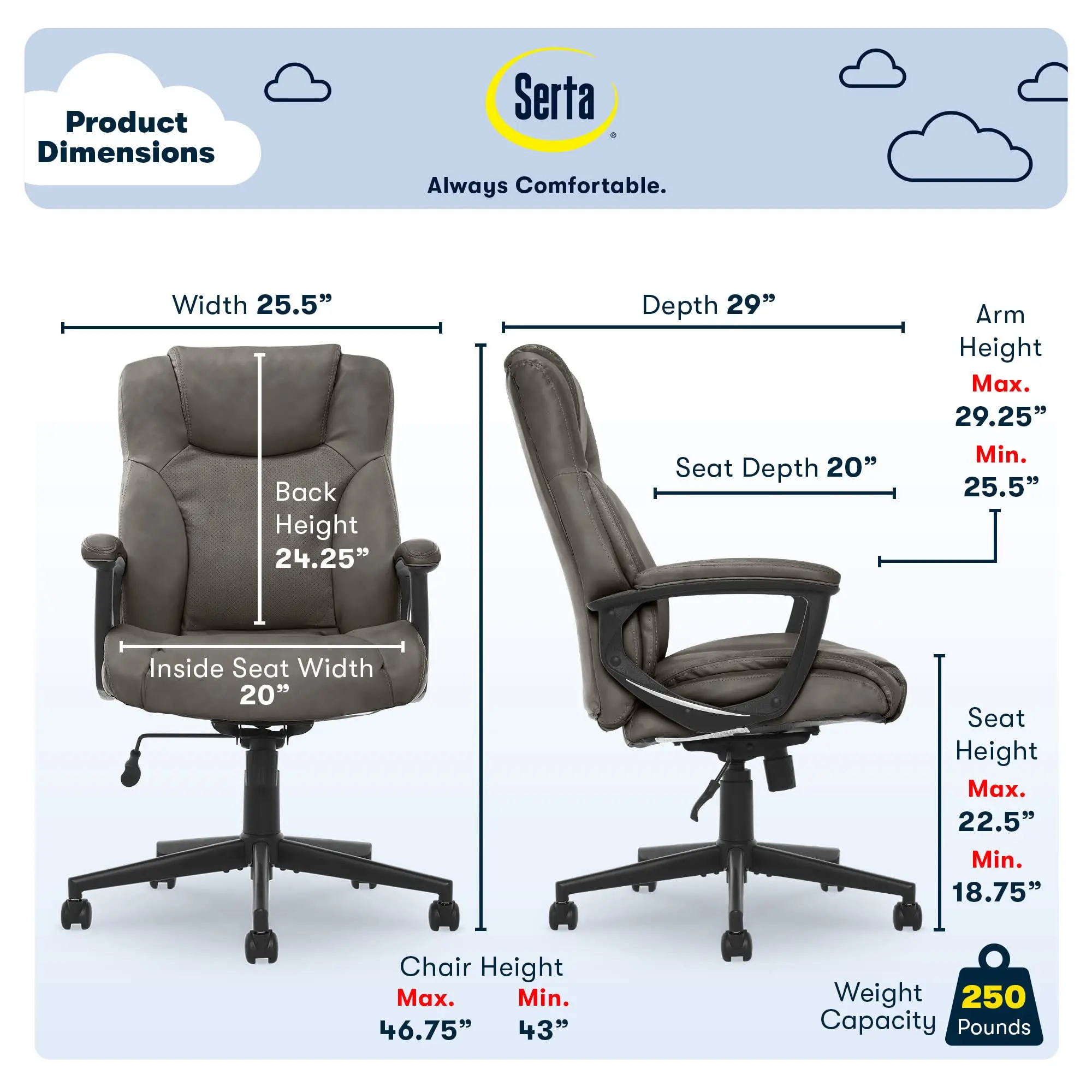 

Serta-Executive High Back Office Chair with Lumbar Support, Ergonomic Upholstered Swivel, Gaming Friendly Design, Bonded Leather