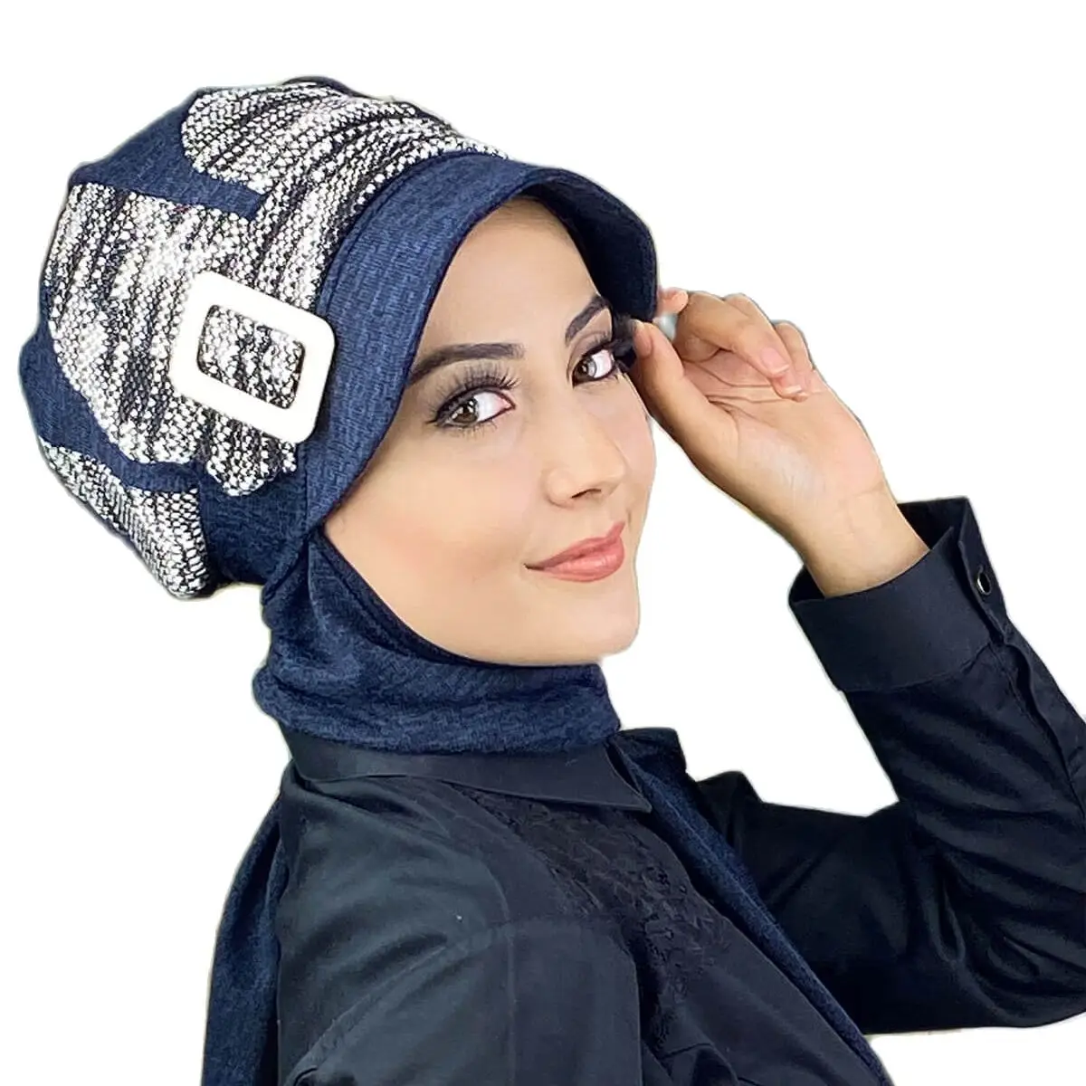 

Navy blue Scarf Hat Shawl Pattern New Fashion Islamic Muslim Women Scarf Trend 2022 Headscarf Garment Beanie Bone Chiffon Scarf