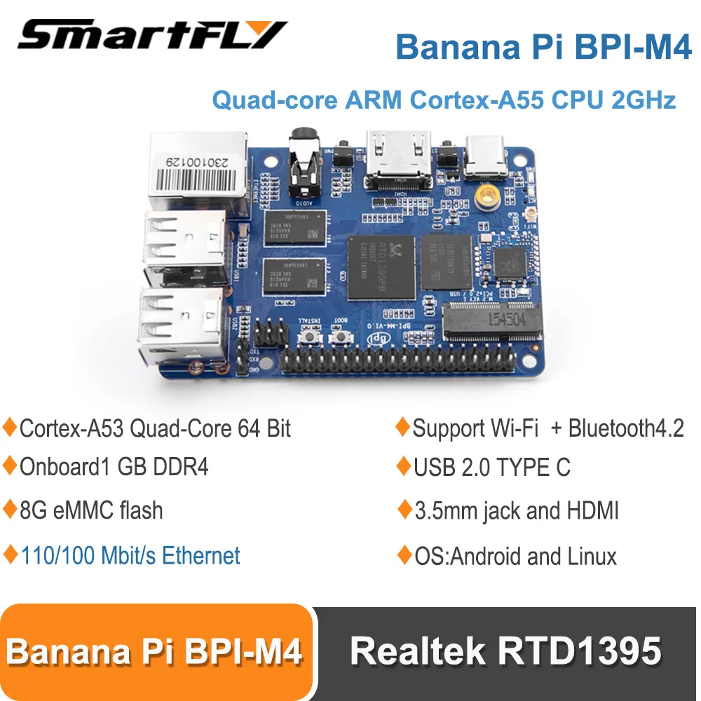 

Banana Pi BPI M4 Development Board Realtek RTD1395 ARM Quad-Core 64 Bit 1G/2G Optional+8GB eMMC Support Android and Linux