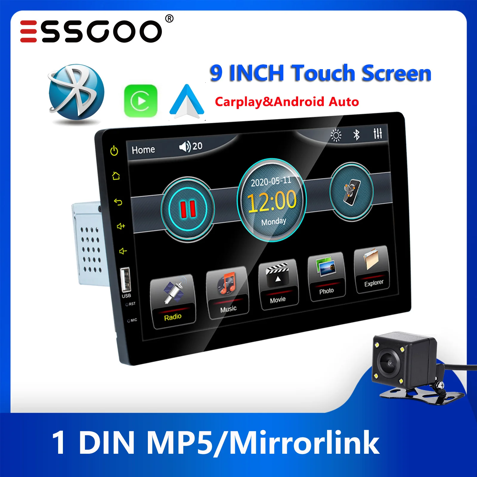 

ESSGOO 1 Din Car Audio CarPlay Android Auto Multimedia MP5 Player 9 inch Touch Screen Car Radio Stereo Bluetooth Mirror Link