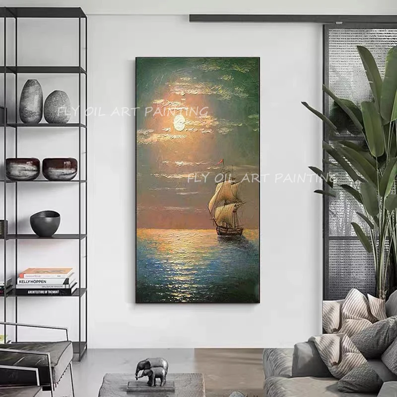 100% ручная роспись фотообои абстрактный морской пейзаж с парусником толстый нож