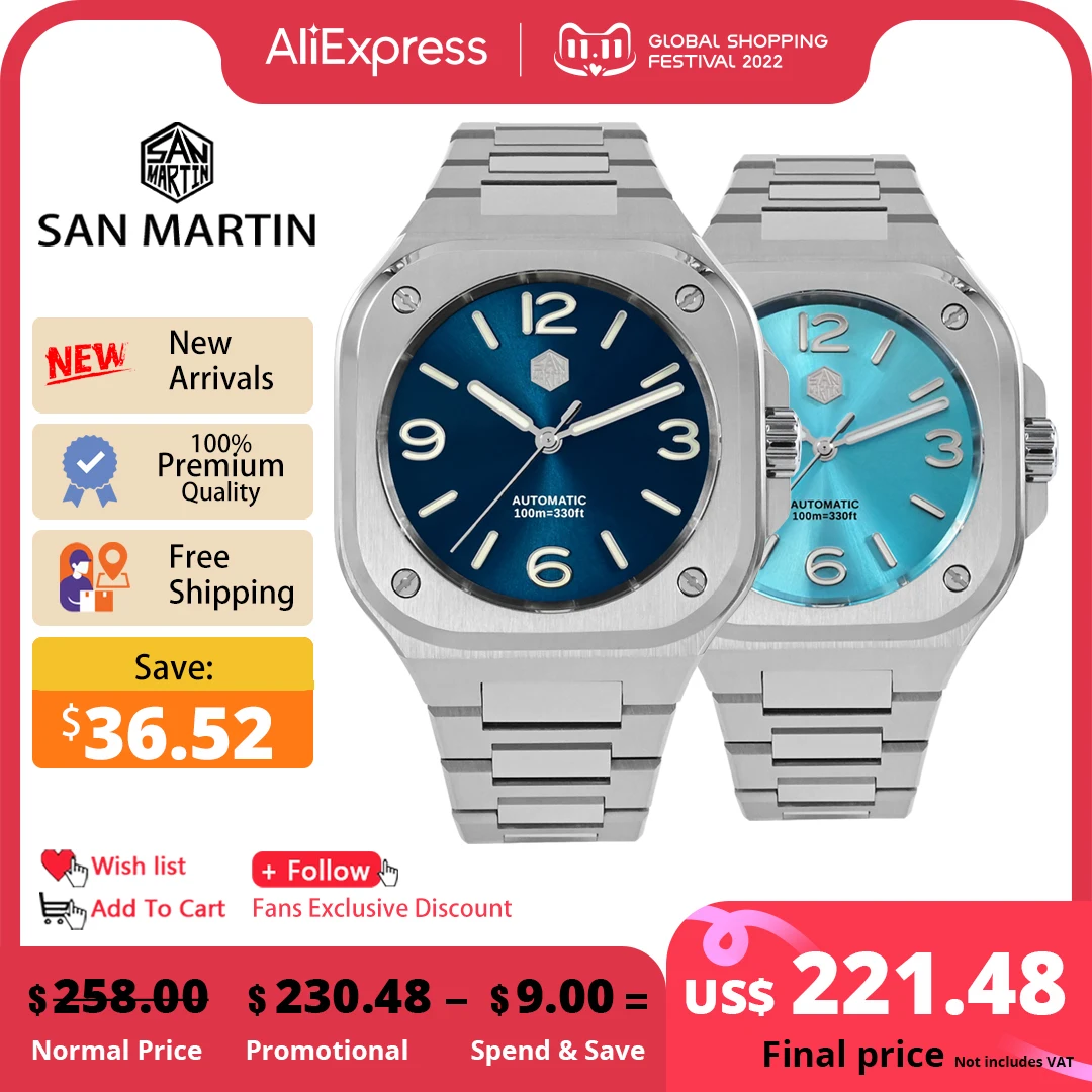 Цена Классические роскошные спортивные часы San Martin, 40 мм, уникальный квадратный чехол, Мужские автоматические механические часы из нержавеющей с...