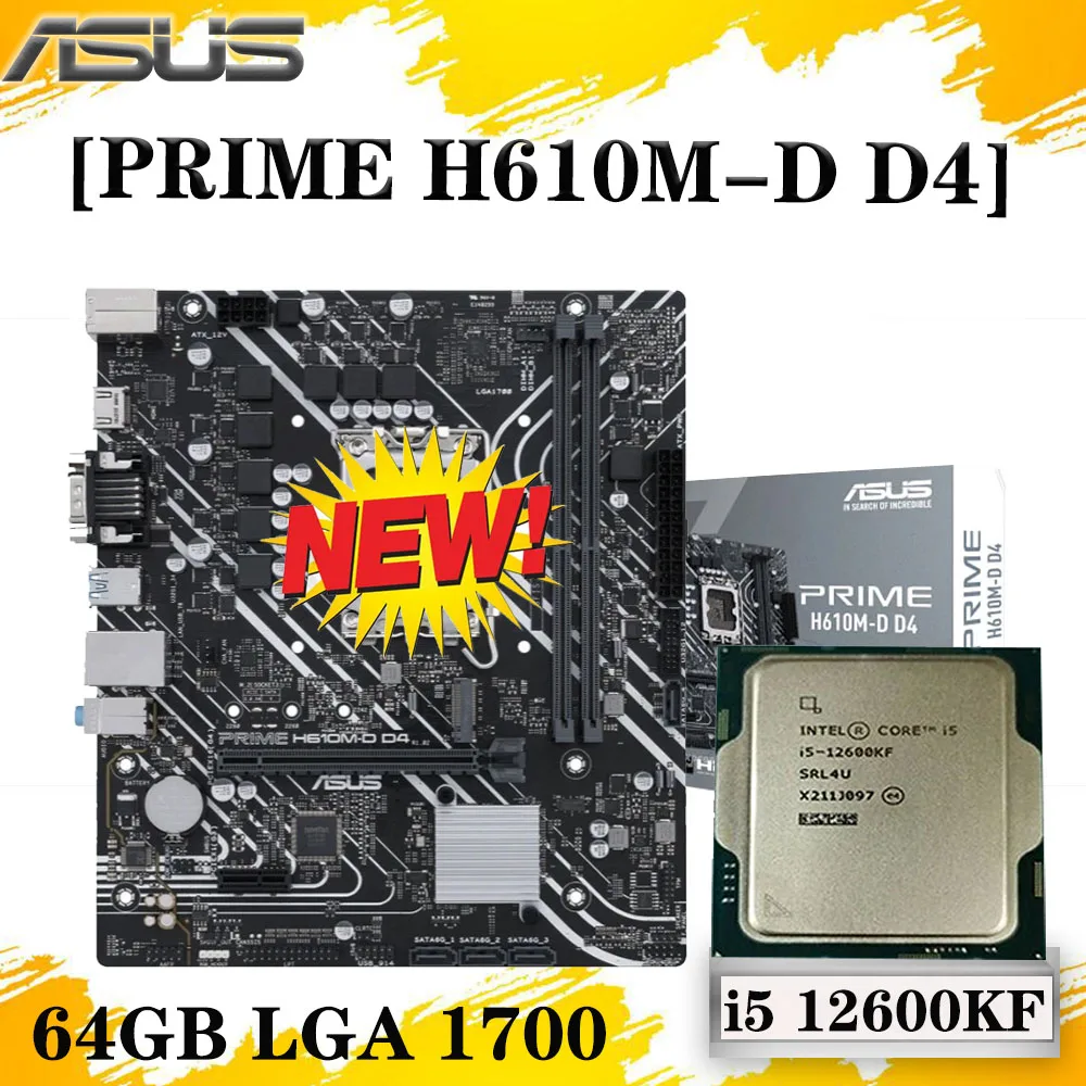 

Процессор Intel Core i5 12600KF + Материнская плата Asus PRIME H610M-D D4 Combo DDR4 64G 3200 МГц PCI-E 4,0 LGA 1700 H610 ATX Placa-MOM Kit Новый