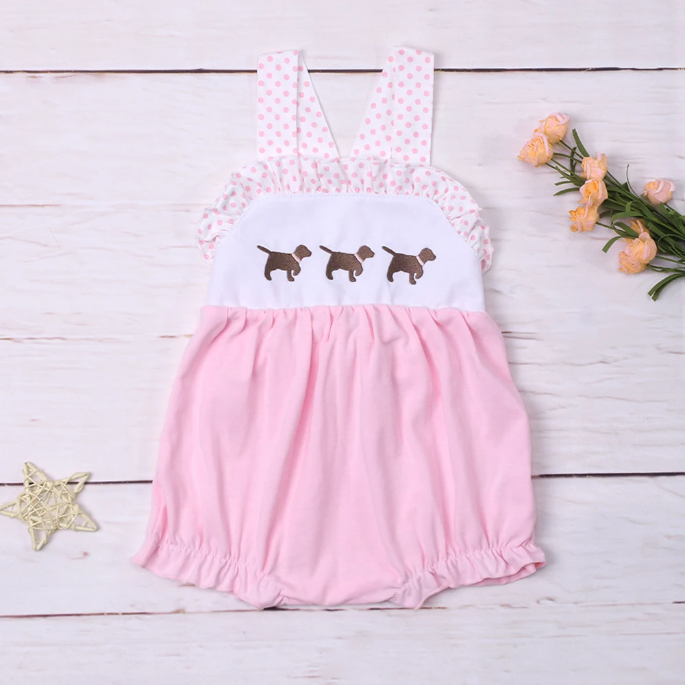 

New Born Pink Romper Babi Girls Clothes Cute Puppy Embroidery Bodysuit Outfit Sleeve One Piece Shorts Dots Jumpsuit For 0-3T